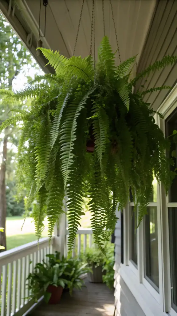 A lush Boston Fern (Nephrolepis exaltata), perfect for "outdoor hanging plants," displayed in a large hanging basket on a porch, with its vibrant green fronds creating a tropical feel.