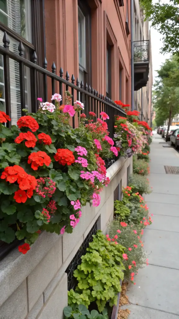 Vibrant red and pink geraniums cascade from window boxes, showcasing them as excellent balcony plants summer selections for adding bold color to urban spaces.