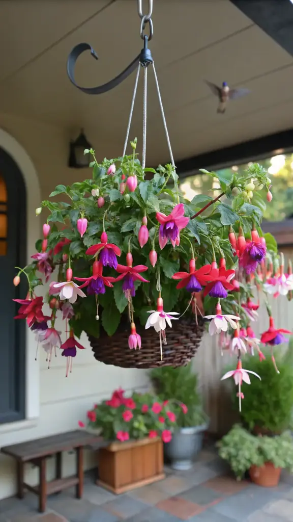 Vibrant pink and purple Fuchsia flowers cascading from a woven hanging basket, a stunning example of hanging plants outdoor that attract hummingbirds, with a porch setting in the background.