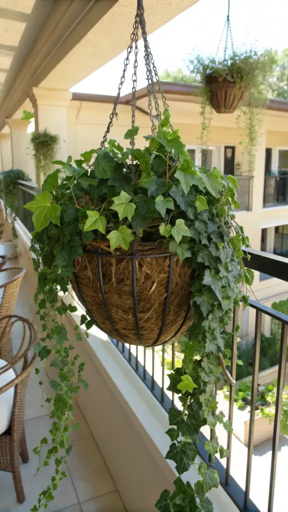 Lush, trailing ivy, a classic choice for "plants for hanging baskets," shown spilling from a coir-lined metal basket on a sunny balcony with a wrought iron railing. Another hanging basket is visible in the background.
