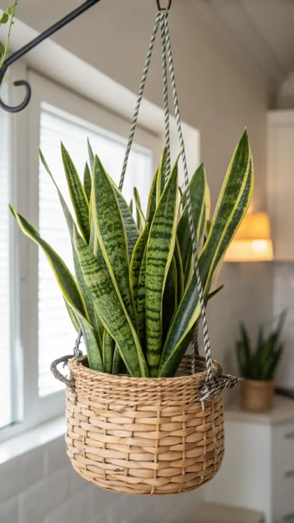 A modern take on "hanging plants indoor ideas," featuring a resilient Snake Plant (Sansevieria trifasciata) in a kokedama-style moss ball, suspended by twine against a light-colored wall.