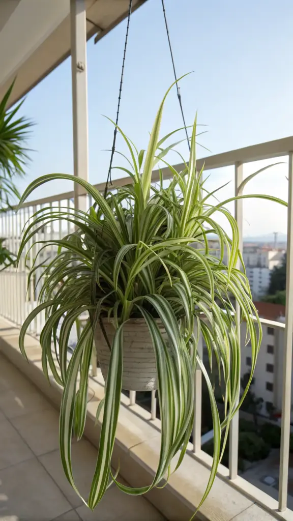 A healthy Spider Plant (Chlorophytum comosum) with its characteristic arching green and white striped leaves, showcased as vibrant "balcony hanging plants" in a light-colored pot, set against a backdrop of a sunny balcony with railings and distant buildings.
