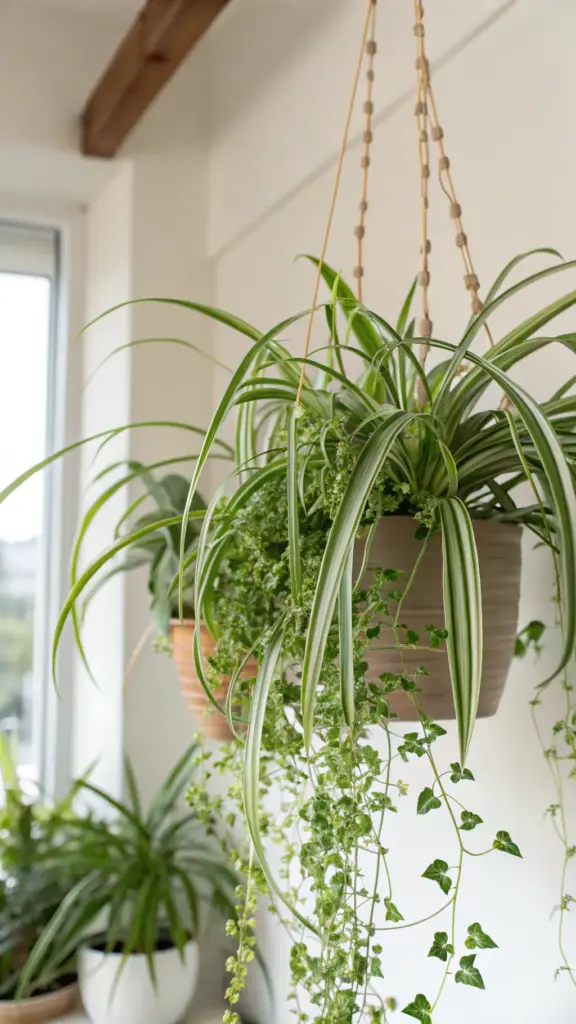 A vibrant Spider Plant, a classic choice for hanging plants indoor, showcases its arching green and white striped leaves and trailing spiderettes in a beige pot suspended by a macrame hanger near a bright window.