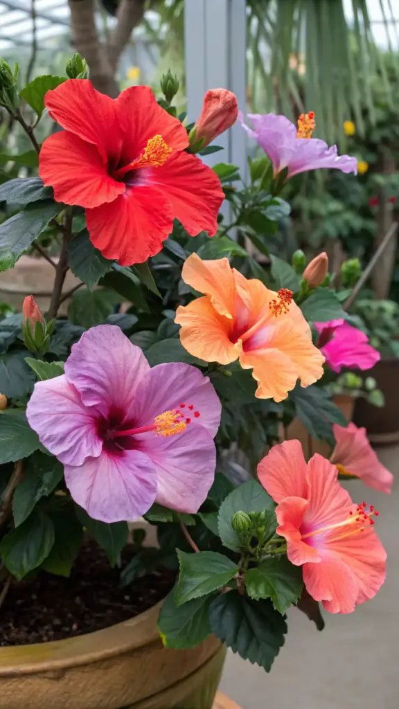 A close-up of vibrant, multicolored hibiscus flowers, popular summer plants often seen in tropical beach locations, blooming in a pot.