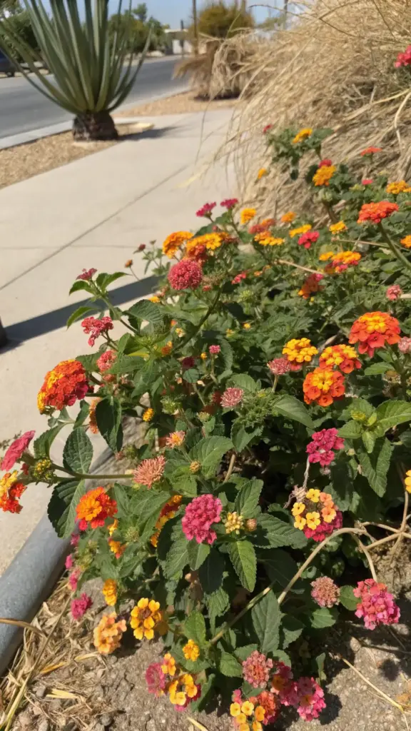 A vibrant cluster of Lantana camara flowers in shades of orange, red, and yellow grows alongside a sidewalk, showcasing one of the best plants that flower all summer. The densely packed blooms create a striking, colorful display against a blurred urban background of street and dry grass. A large agave plant appears in the upper left, adding contrast to this sunny, drought-tolerant planting.