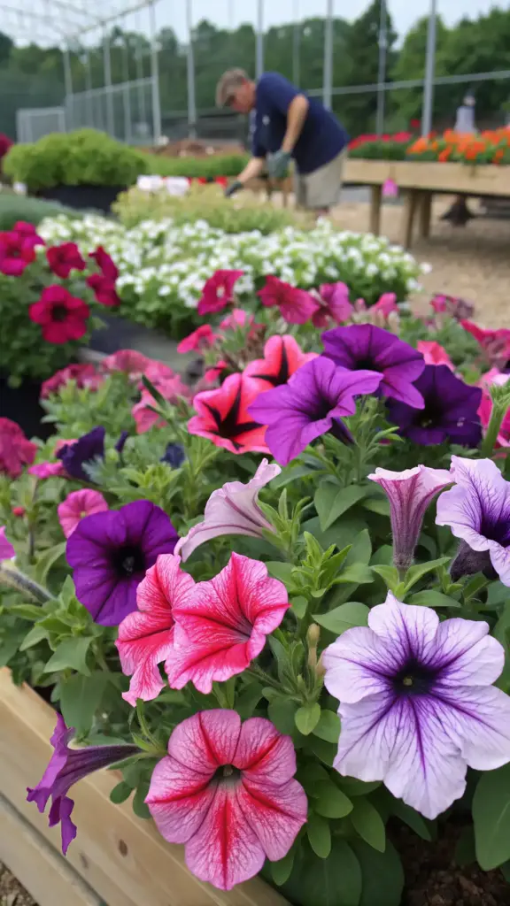 Close-up of vibrant petunias in a wooden planter box, displaying a variety of colors including purple, pink, red, and white. These plants that flower all summer are thriving in a garden bed, surrounded by lush green foliage. A person in a blue shirt tends to nearby plants in the background, highlighting a well-maintained greenhouse or garden setting.