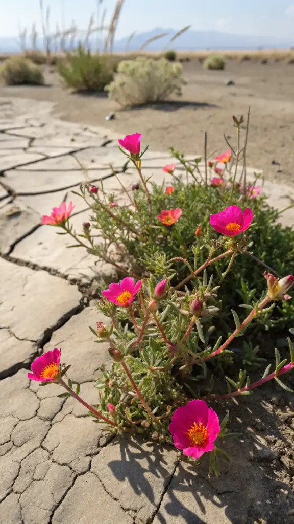 Vibrant pink Portulaca (Moss Rose), an extremely drought-tolerant example of summer plants full sun outdoor, thriving despite growing in dry, cracked earth under bright sun.