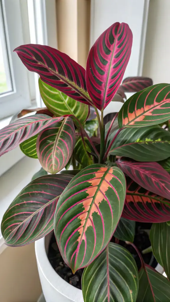 A close-up view of a vibrant Prayer Plant (Maranta leuconeura), showcasing its stunning, patterned foliage which makes it a striking choice among cat friendly house plants. The elliptical leaves feature intricate feather-like veining in shades of bright pink and red on a deep green background with lighter green or yellowish splotches along the midrib. The plant is potted in a simple white container near a window, highlighting the dramatic beauty of these non-toxic indoor plants.