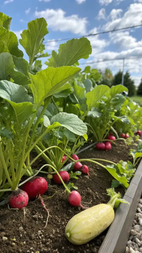 A close-up view of freshly harvested red radishes and a yellow squash in a garden bed, illustrating how radishes serve as effective summer squash companion plants, helping to deter pests and improve growth, under a partly cloudy sky.