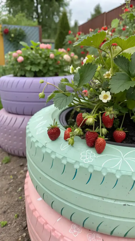 Creative DIY strawberry planter made from recycled tires painted in pastel colors, with strawberry plants bearing fruit and flowers growing in a garden setting.