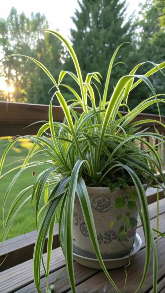 A vibrant, variegated Spider Plant (Chlorophytum comosum), an excellent choice for indoor plants that can go outside in the summer, thrives in a decorative pot on a wooden deck, with its arching leaves and potential for spiderettes.