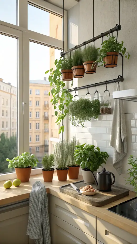 Cozy and stylish urban kitchen interior featuring a variety of herbs and greenery, with several "hanging plants in front of window" in terracotta pots on a black rod system, complemented by plants on the windowsill and counter, overlooking a city view.