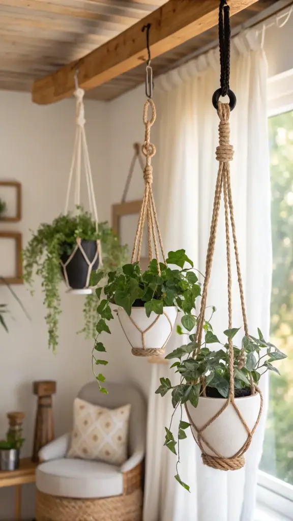 Cozy, well-lit boho-modern interior featuring three "hanging plants diy" setups, with various green plants in white and black pots suspended by macrame and rope hangers from a wooden ceiling beam.