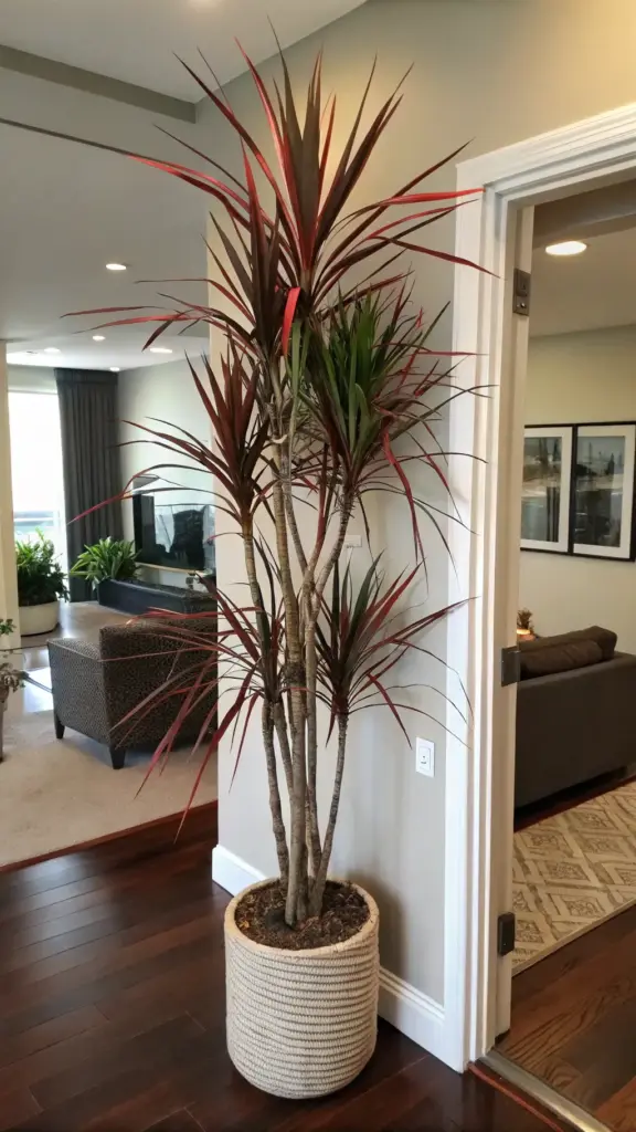 Tall Dracaena marginata, a striking variety of House Plants Indoor, featuring multiple woody stems and vibrant, spiky leaves with reddish edges, potted in a textured woven basket. This elegant Dragon Tree stands on a dark hardwood floor in a well-lit home interior, with glimpses of a living area and another room with contemporary furnishings visible in the background.