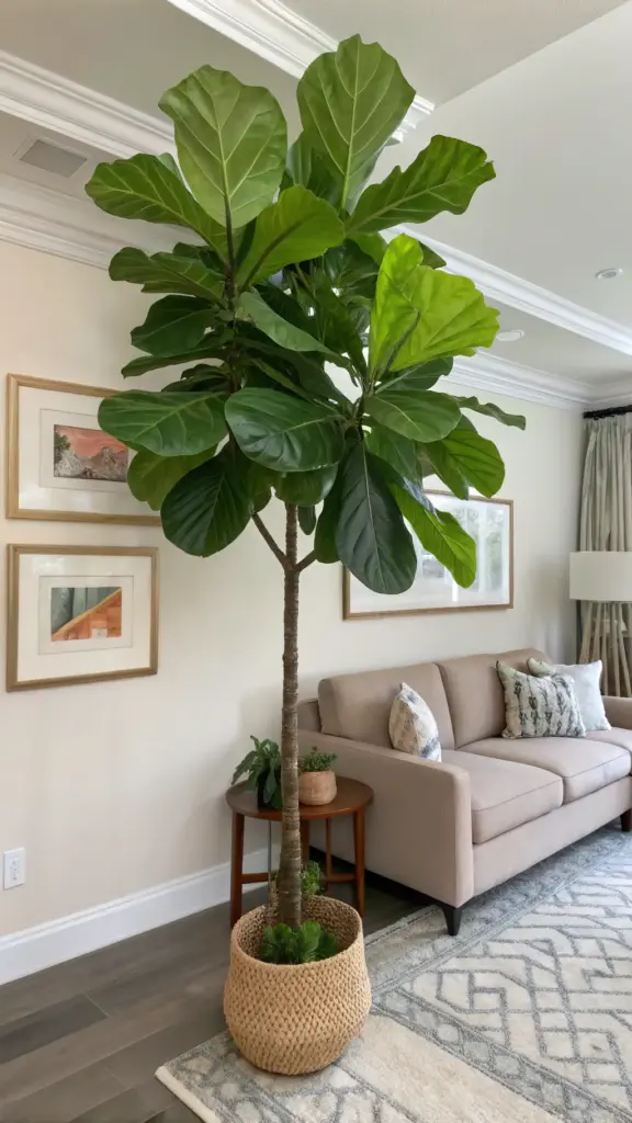 A tall fiddle-leaf fig tree with large, vibrant green leaves, potted in a woven basket, serves as a striking focal point for House Plants Decor in a cozy living room with a beige sofa, framed artwork, and a patterned rug.
