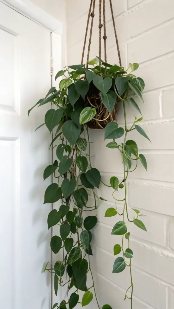 A healthy heartleaf philodendron with trailing variegated leaves, displayed in a woven hanging basket against a white brick wall, demonstrating an attractive option for indoor wall hanging plants next to a white door.