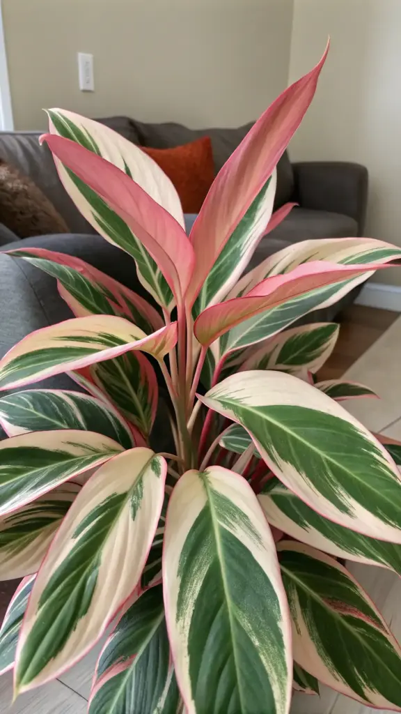 A vibrant Stromanthe Triostar plant takes center stage, showcasing a striking house plants aesthetic with its colorful variegated foliage. The elongated leaves feature beautiful splashes of green, creamy white, and vivid pink, with deep pink undersides partially visible. The plant appears healthy and full, positioned indoors with a blurred background showing a grey sofa and a hint of an orange cushion, suggesting a comfortable living room setting. This close-up shot emphasizes the dramatic coloration and elegant form of the Stromanthe Triostar, highlighting its appeal as a decorative element that significantly enhances the house plants aesthetic of any interior space.