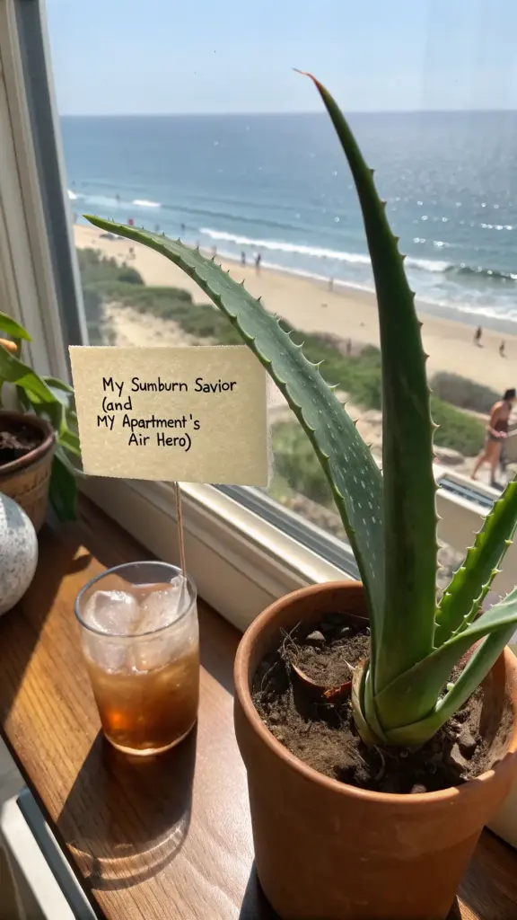 An Aloe Vera plant, a well-known succulent and one of the effective air purifying house plants, sits in a terracotta pot on a wooden windowsill overlooking a sunny beach and ocean. Next to the plant is a glass with an iced beverage. A handwritten note stuck to the window reads, 'My Sunburn Savior (and MY Apartment's Air Hero),' highlighting the plant's dual benefits for skin care and improving indoor air quality in a bright, coastal setting.