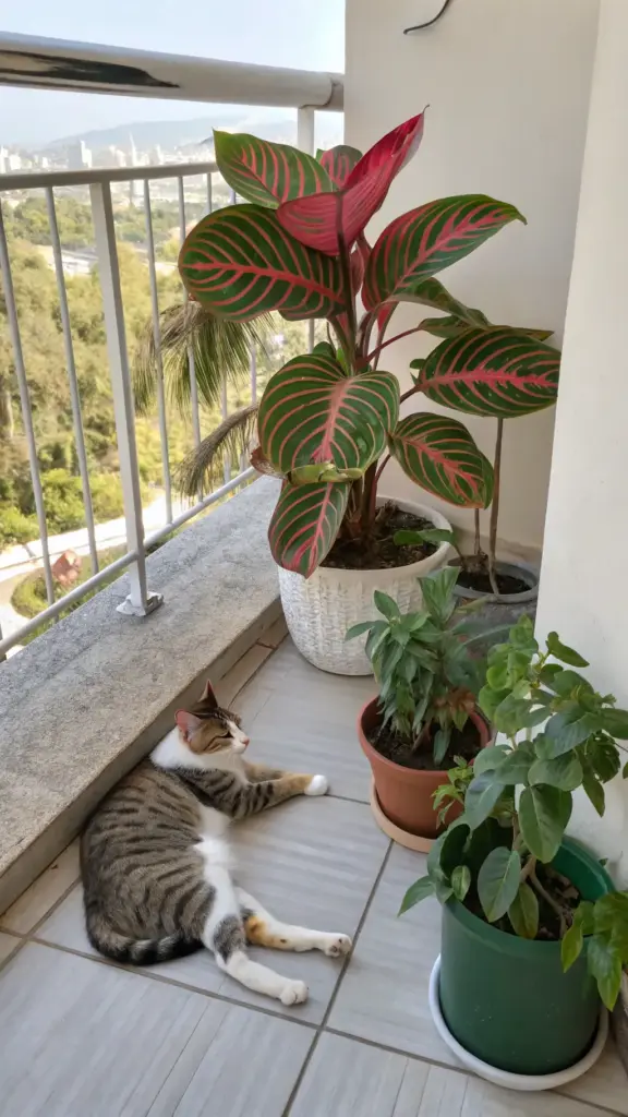 A striped tabby cat relaxes on a tiled balcony next to a vibrant Prayer Plant (Maranta leuconeura), a stunning example of pet friendly house plants, potted in a white container. Other greenery complements the serene outdoor space, showcasing a safe and enjoyable environment for pets.
