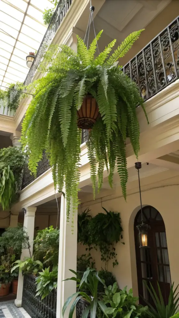 A magnificent Boston Fern (Nephrolepis exaltata) with long, lush green fronds, creating a stunning display of "balcony hanging plants" in a traditional pot, suspended in a bright, airy atrium or covered balcony with ornate railings.