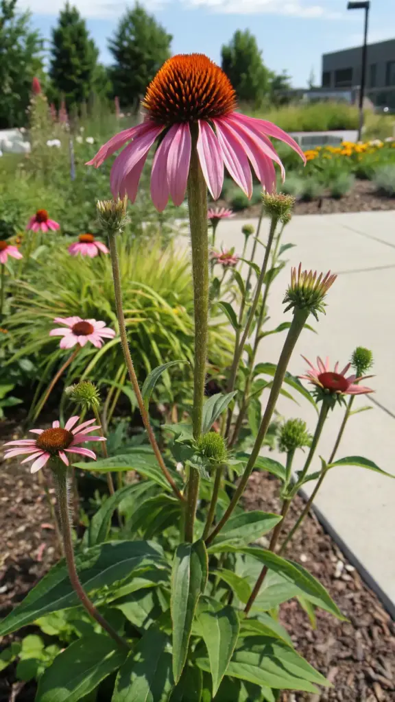 A vibrant pink coneflower (Echinacea) in full bloom with a striking orange-brown central cone takes center stage in this garden scene. Surrounded by other coneflowers at various stages—from buds to smaller blooms—and lush greenery, it’s a perfect example of plants that flower all summer. The well-maintained garden setting includes grass, mulch, and a blurred background showing a building and more greenery, evoking a sunny, serene outdoor space.