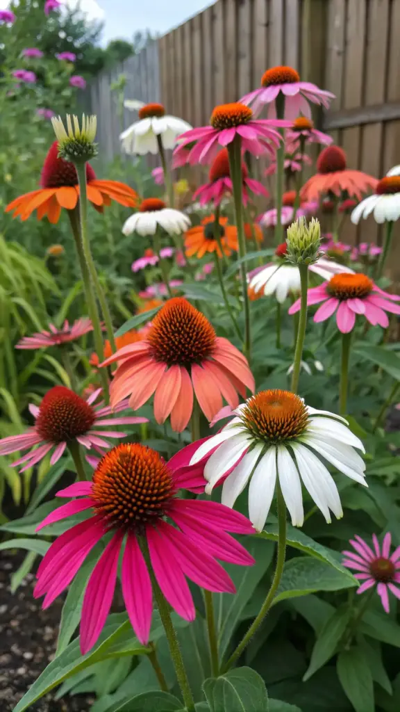A vibrant garden filled with coneflowers, a favorite among plants that flower all summer. The image showcases a colorful array of daisy-like blooms in shades of pink, white, peach, and bright orange, each with prominent brown cone-shaped centers. Set against a rustic wooden fence partially hidden by lush green foliage, this flourishing garden scene embodies natural beauty, resilience, and the joyful vibrancy of summer flowers.