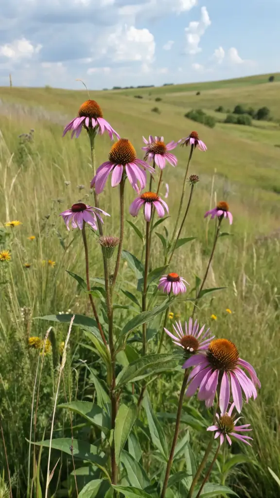 Classic Purple Coneflowers (Echinacea), beautiful and tough summer plants full sun outdoor, thriving with their distinctive blooms in a sunlit prairie meadow setting.