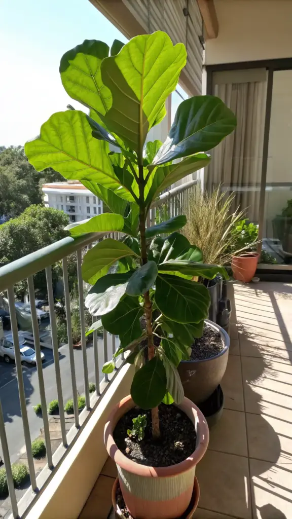 A healthy Fiddle Leaf Fig with large, glossy green leaves, flourishing in a pot on a sunlit balcony, making it a trendy choice for balcony plants summer decor, with other plants and a cityscape visible in the background.