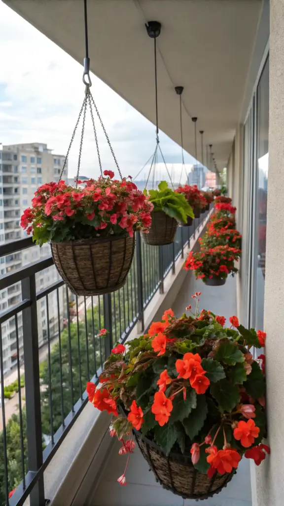 Bold red begonias offering a vibrant display, perfect "plants for hanging baskets," shown in multiple woven baskets lining a spacious apartment balcony with city views in the background.
