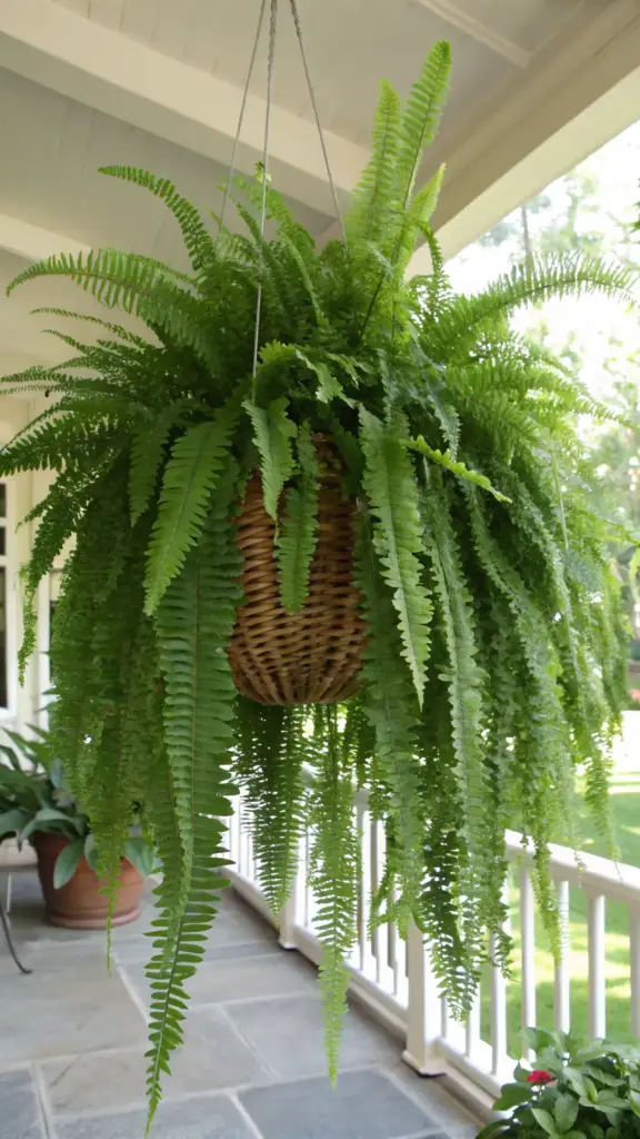 A large, healthy Boston Fern with long, feathery green fronds cascading generously from a wicker hanging basket on a bright porch, showcasing classic hanging plants outdoor style.