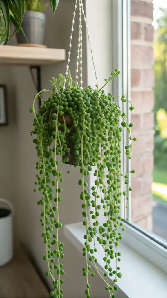 A delicate String of Pearls (Senecio rowleyanus) cascading from a simple pot, offering unique and trendy "hanging plants indoor ideas" against a plain backdrop.