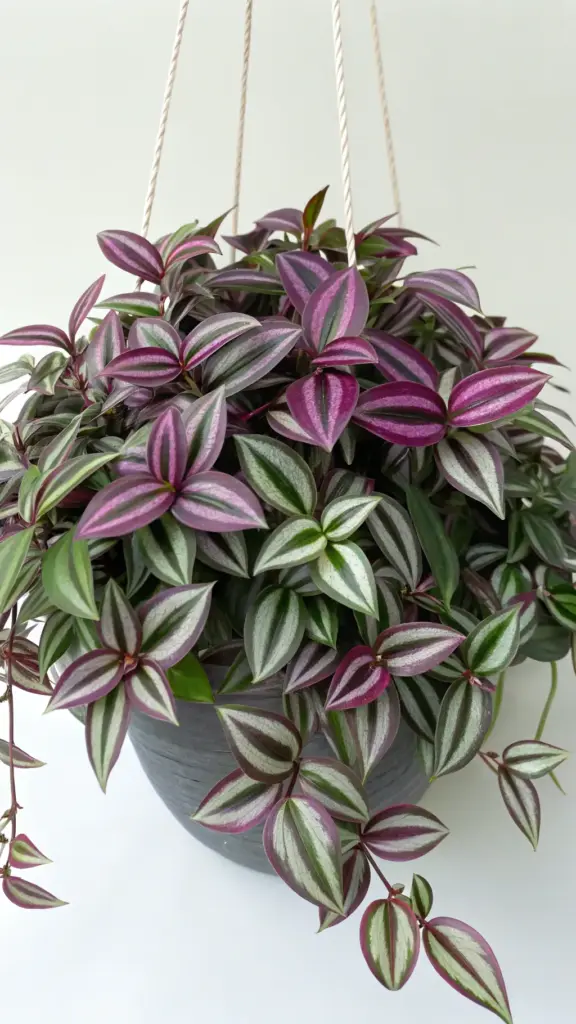 A vibrant Tradescantia zebrina, showcasing its striking purple, green, and silver striped leaves, making it a colorful choice for hanging plants indoor, presented in a dark gray pot against a white background.