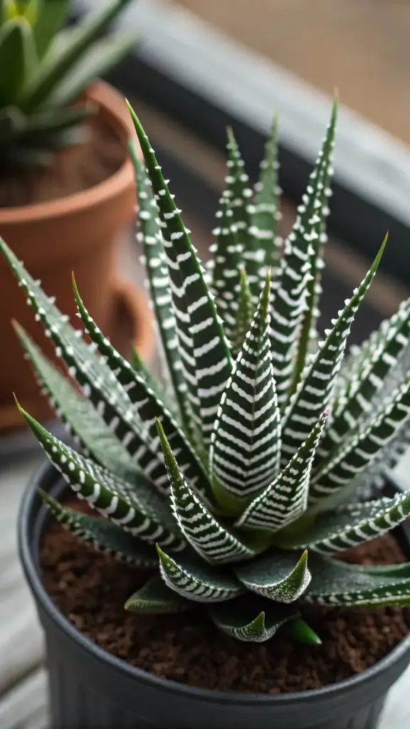 A detailed close-up of a Haworthia fasciata, often called a Zebra Plant, a charming succulent that is a great option for those seeking cat friendly house plants. The image highlights the plant's dark green, pointed leaves adorned with distinctive horizontal white stripes or 'warts,' giving it a zebra-like appearance. It's potted in a simple dark container, with a terracotta pot visible in the blurred background near a window, emphasizing its suitability as a low-maintenance, pet-safe indoor plant.