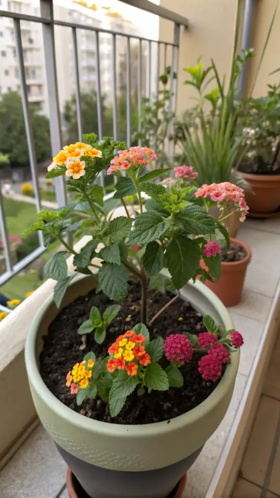Colorful lantana flowers, popular summer plants that thrive in sunny spots like a beach, bloom in a pot on a balcony.
