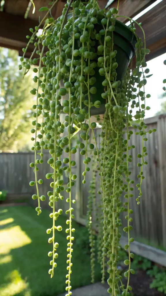 Delicate String of Pearls (Senecio rowleyanus), unique "outdoor hanging plants," shown cascading from a simple pot, likely on a porch or patio, with a blurred green background.