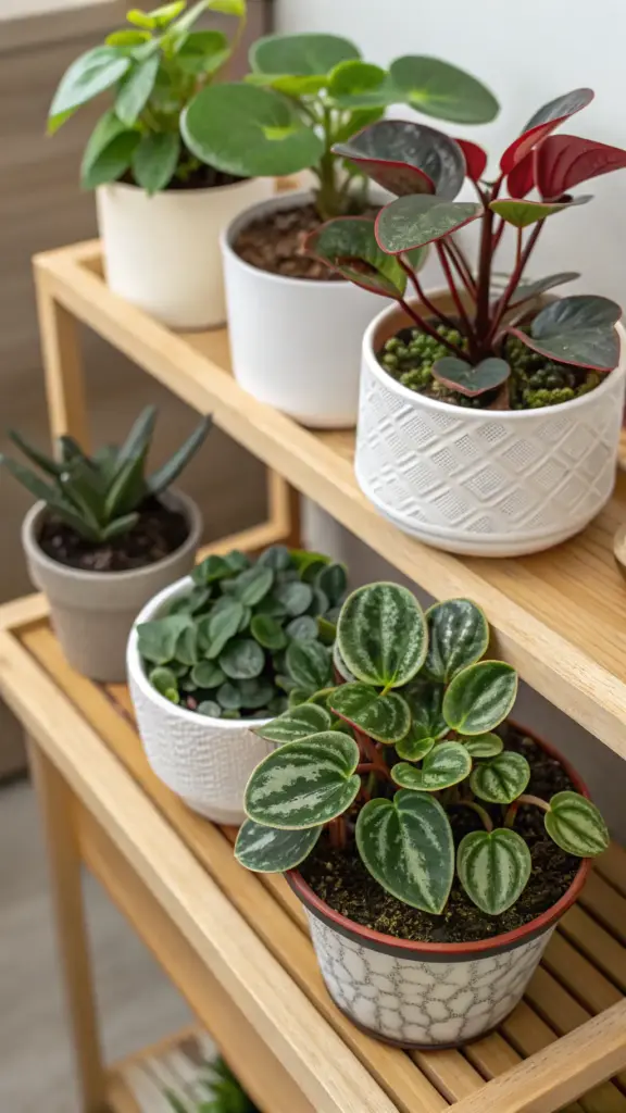 A charming collection of various Peperomia plants, popular choices for low light house plants, displayed on a light wooden tiered plant stand. The foreground prominently features a Watermelon Peperomia with its distinct striped leaves, alongside other varieties in stylish white and grey decorative pots, showcasing their compact size and appeal for indoor greenery.