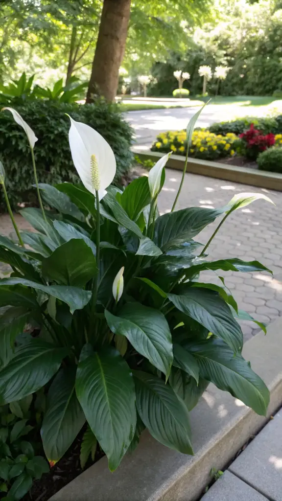 An elegant Peace Lily (Spathiphyllum spp.) with its iconic white blooms and lush dark green leaves, thriving outdoors as one of the beautiful indoor plants that can go outside in the summer in a shaded garden setting.