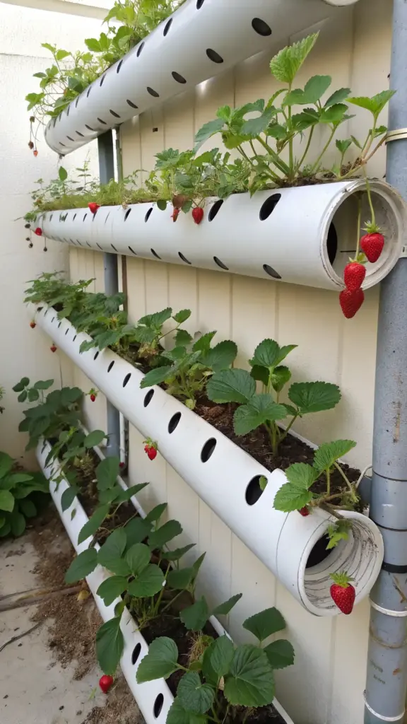 Vertical DIY hanging strawberry plants thriving in a wall-mounted PVC pipe system, showcasing green leaves and ripe red strawberries cascading downwards.