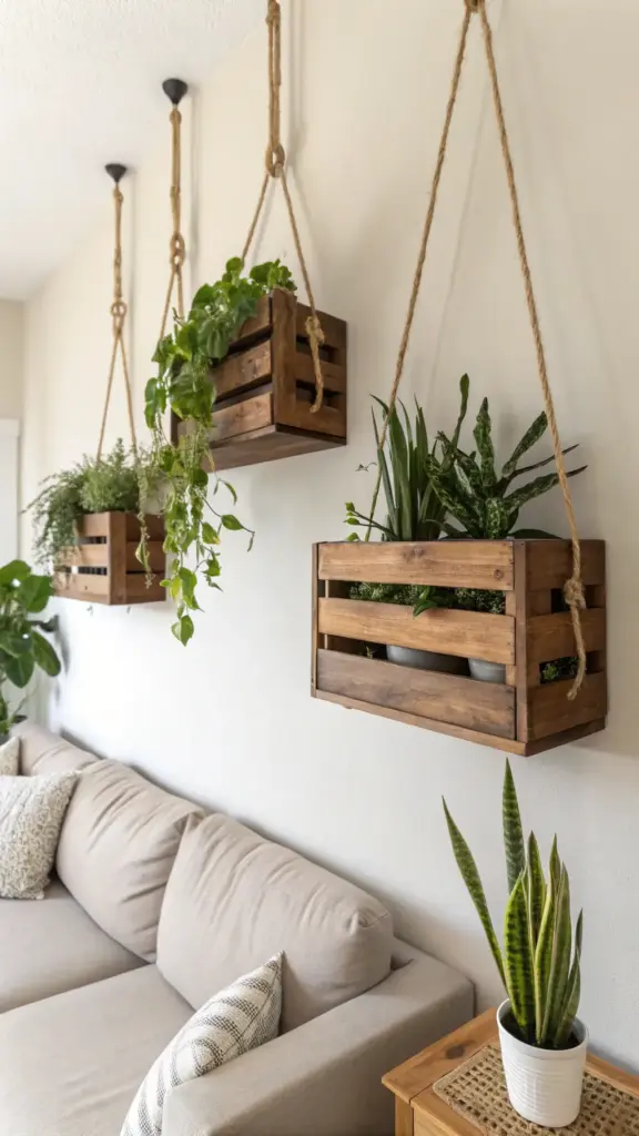 Cozy modern apartment interior featuring innovative "hanging plants diy" solution with three rustic wooden crates repurposed as hanging planters, suspended by thick ropes above a sofa and filled with assorted green plants.