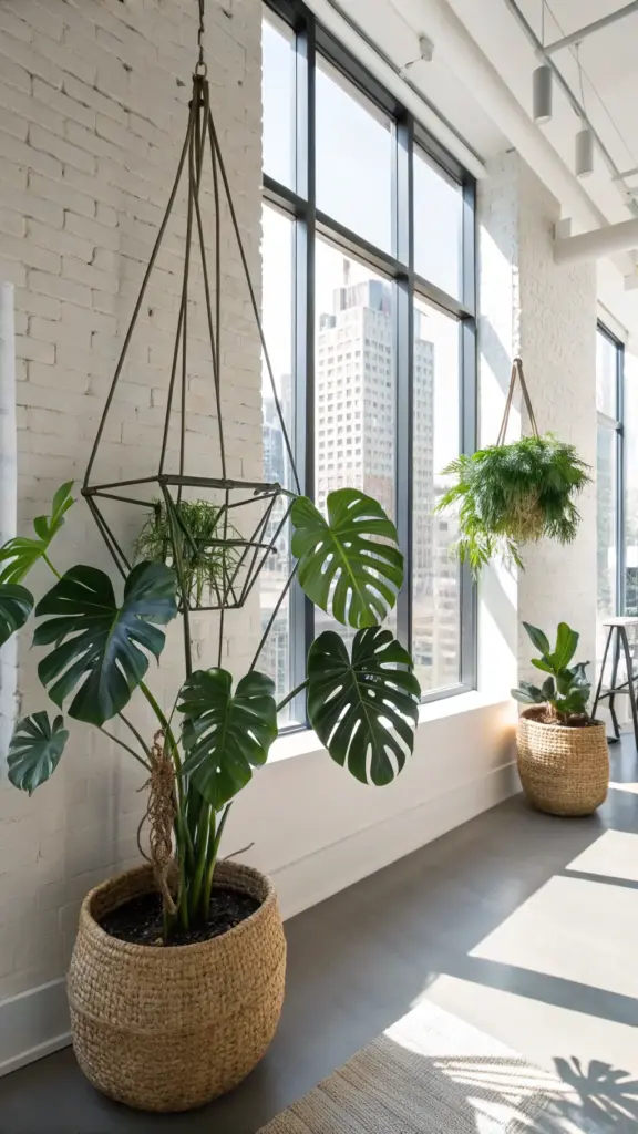 Stylish, modern interior space with white brick walls and large black-framed windows, featuring bold "hanging plants in front of window," including a fern in a basket and another plant in a geometric metal hanger, complementing a large Monstera on the floor.