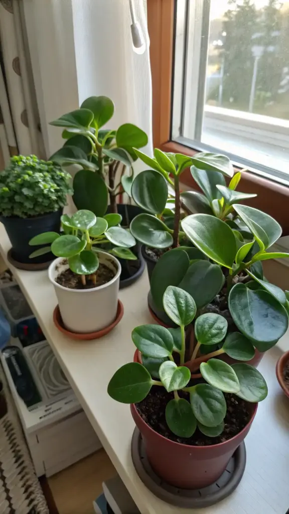 A charming collection of various Peperomia species, thriving as House Plants Indoor, neatly arranged on a bright white windowsill. The image showcases different Peperomia varieties, including some with glossy, round green leaves and others with smaller, coin-shaped foliage, all in individual pots and illuminated by abundant natural light from the window behind them, with a blurred outdoor view.
