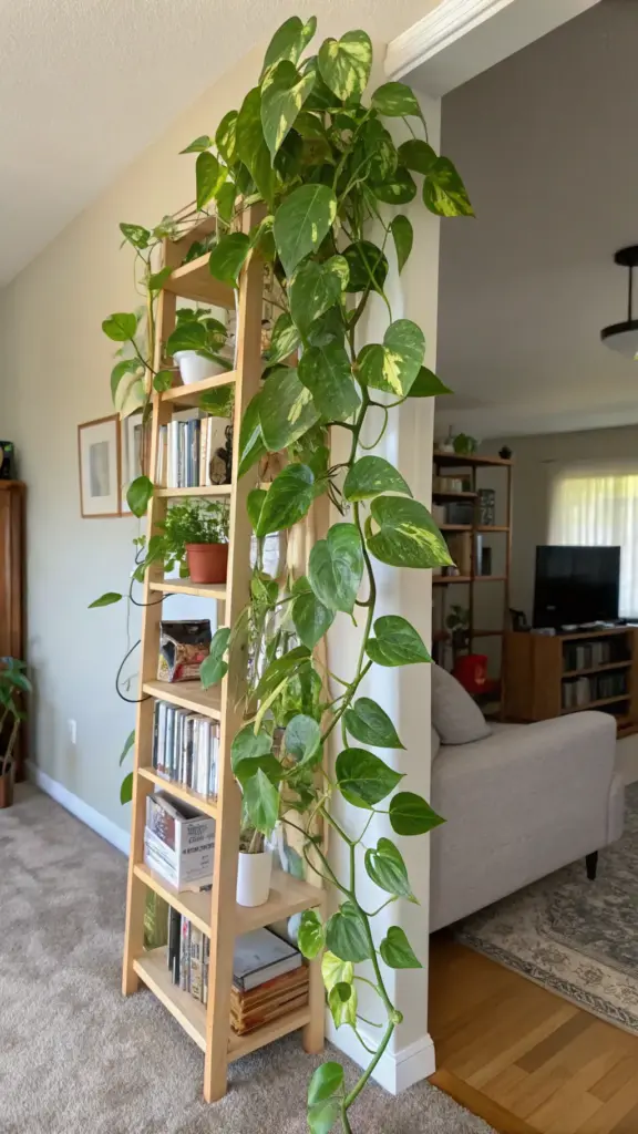 A lush, trailing Golden Pothos (Epipremnum aureum) with variegated leaves elegantly cascades down a wooden ladder shelf, which also holds books and small decorative items, showcasing a creative approach to House Plants Decor in a home setting.