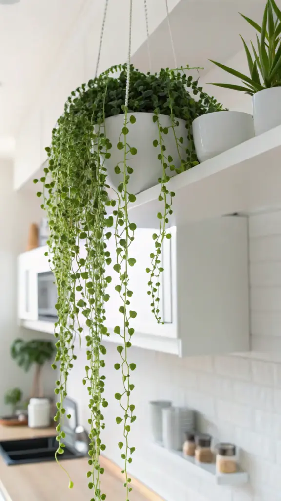 A beautiful String of Pearls (Senecio rowleyanus) plant enhances the house plants aesthetic in a bright, modern kitchen. The plant is potted in a white cylindrical container and is hanging or placed on a high white shelf, with its signature long, trailing stems covered in small, spherical green leaves cascading elegantly downwards. In the background, white kitchen cabinets, a white tiled backsplash, and other kitchen items like spice jars and a microwave are visible, all contributing to a clean and contemporary feel. Another small plant in a white pot sits beside the String of Pearls on the shelf, further elevating the fresh and green house plants aesthetic of the well-lit space.