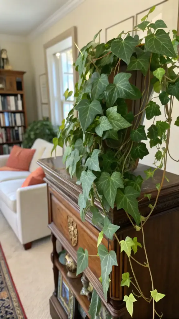 A lush English Ivy (Hedera helix) plant, a classic choice among air purifying house plants, elegantly cascades from its pot atop an ornate, dark wooden chest or side table. The ivy's distinctive lobed, variegated green leaves create a vibrant display in a traditionally styled living room. In the blurred background, a light-colored sofa with rust-orange cushions, a bookshelf filled with books, and a window add to the warm, inviting, and healthier indoor atmosphere.