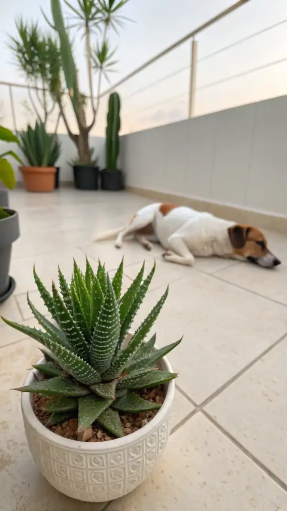 A close-up of a Haworthia succulent (Haworthiopsis attenuata) in a textured white pot, showcasing popular pet friendly house plants, on a tiled balcony. In the soft background light, a dog rests peacefully near other potted plants, illustrating a safe and inviting outdoor space for pets.