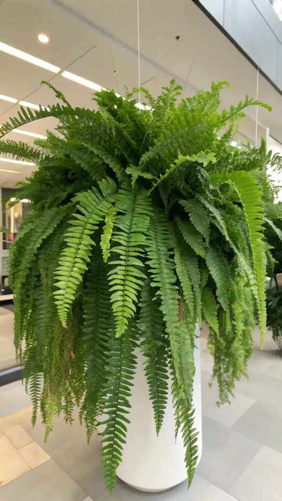 A large, lush Boston Fern (Nephrolepis exaltata) with abundant, gracefully arching fronds full of tiny green leaflets, showcasing why it's a popular choice for cat friendly house plants. The fern is displayed in a white cylindrical planter, possibly hanging or on a stand, in a brightly lit indoor public space with tiled flooring, emphasizing its air-purifying and pet-safe qualities for homes and common areas.
