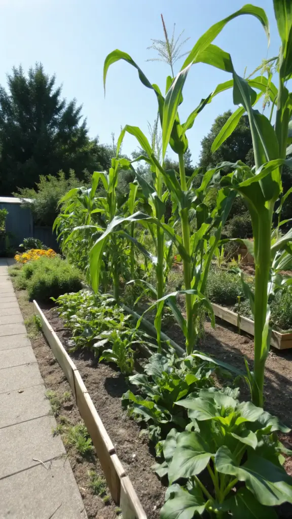 Tall corn stalks with developing tassels growing in a sunny garden bed, providing structure for a 'Three Sisters' planting system which often includes summer squash companion plants growing at their base.