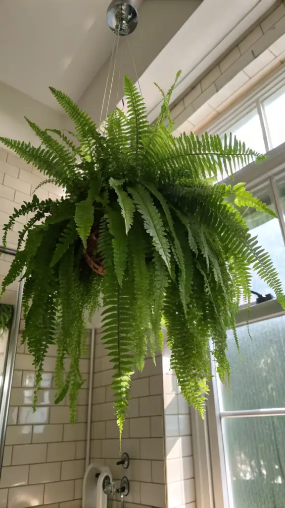 A lush Boston Fern (Nephrolepis exaltata) with feathery green fronds, offering classic and aesthetic "hanging plants indoor ideas," showcased in a hanging pot against a light, neutral background.