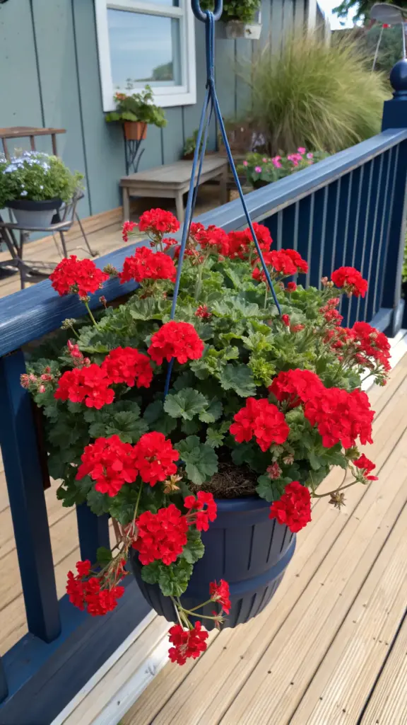 Vibrant red hanging geraniums (Pelargonium), classic "outdoor hanging plants," shown in full bloom in a basket, perfect for adding a splash of color to any garden or patio.