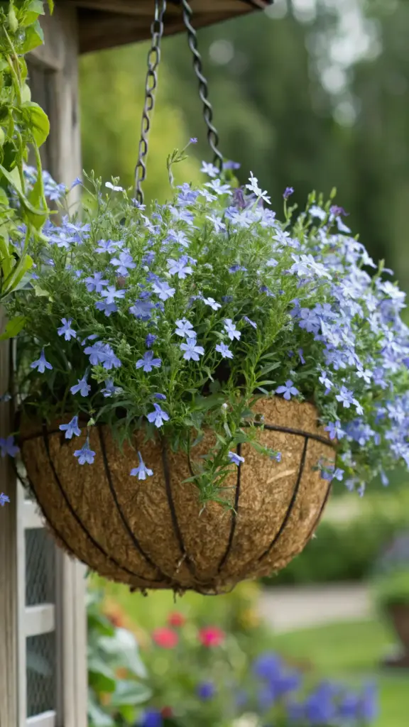 Tiny blue wonder lobelia, beautiful cascading "plants for hanging baskets," shown abundantly flowering in a coir-lined metal basket suspended by a chain in a garden setting.